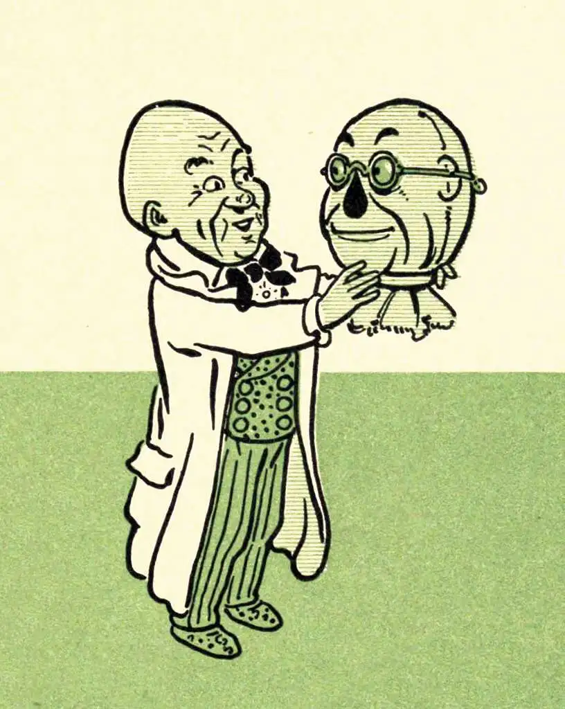 The Wizard of Oz holding the Scarecrow's head after he's discovered to be a fraud
