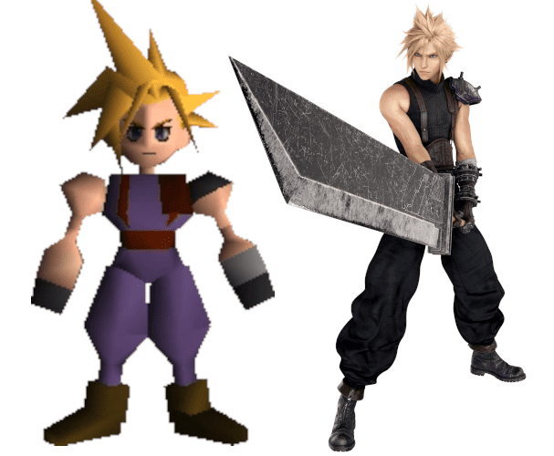 Cloud Strife from both the original Final Fantasy VII and the Final Fantasy VII Remake.